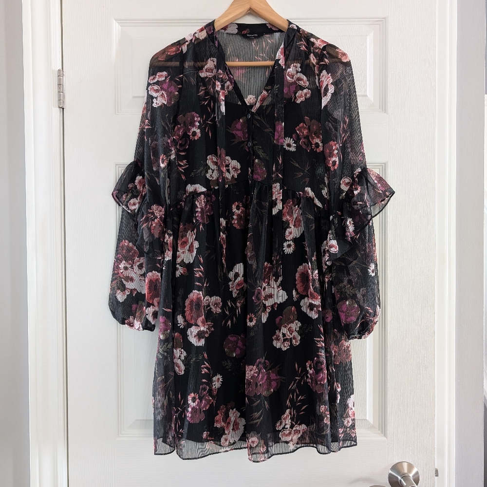 RW&CO sheer ruffle floral dress black size XXS